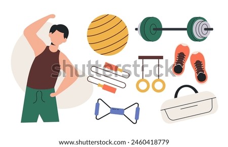 Sport equipment, gym accessory, people athlete set