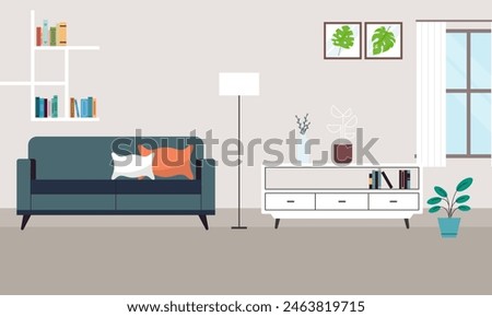 Living room with furniture. Cozy interior with sofa and tv