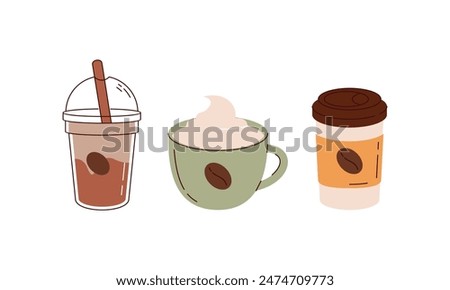 Hot and cold coffee beverage logo. Different types of drinks set