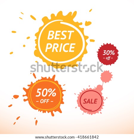 Colorful stickers. Best Price, Sale, 50% Off. Drip splatter paint. Color splash. Vector elements EPS 10 isolated on white