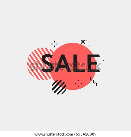 Sale offer tag. Flat geometric vector bubble. Vivid transparent banner in retro poster design style. Vintage color and simple shapes, lines, stripes, circles, outline flashes. Red and black colors.