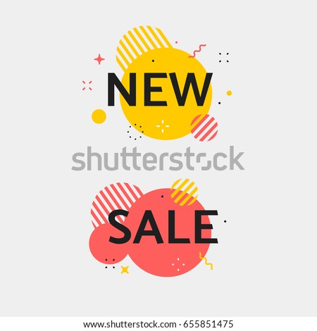 Vector sale tag. Set of circle flash sticker. Offer banner with price. Stripe new sticker with stars, zig-zag lines and sparkle flashes. Red and black color.