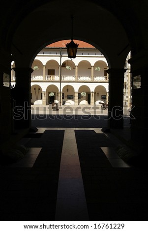 View of light courtyard seen from dark vestibule