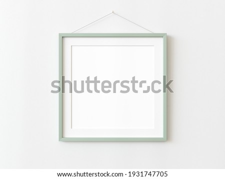 Green wooden squared frame hanging on a white textured wall mockup, Flat lay, top view, 3D illustration
