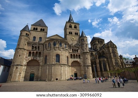 TRIER, GERMAN - MAY 16: Saint Peter Cathedral on May 16, 2013 in Trier, Germany. Trier Cathedral, founded in 4 century, is the oldest cathedral in Germany.