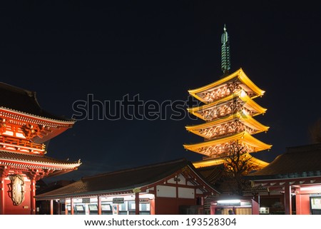 Old temple and pagoda at night, Asakusa Sensoji, Tokyo, Japan