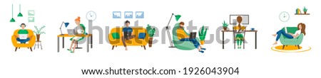 People working at home, coworking space. Young man and woman freelancers working on computers and notebooks at home. People at home in quarantine. Vector flat style self employed illustration.