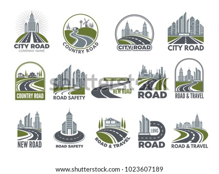 Monochrome big set of logotypes template with asphalt roads, expressway or highway. Vector road and travel, expressway and speedway illustration