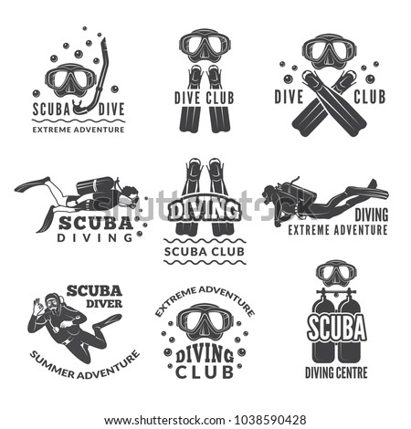 Labels or logos for diving club. Vector pictures set of divers and different specific equipment. Illustration of underwater scuba diving with snorkeling, hobby sport emblem