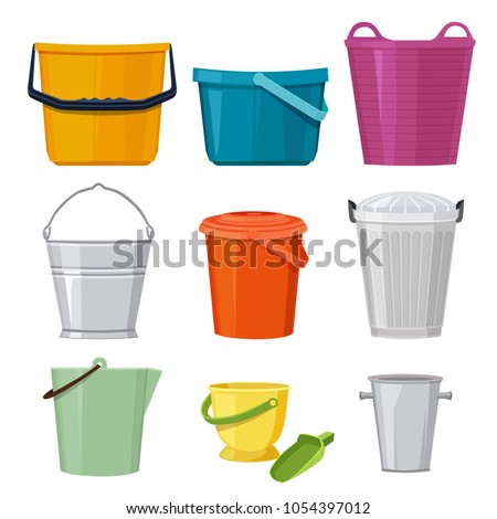 Different buckets. Vector set isolate. Illustration of bucket and container, pail with handle