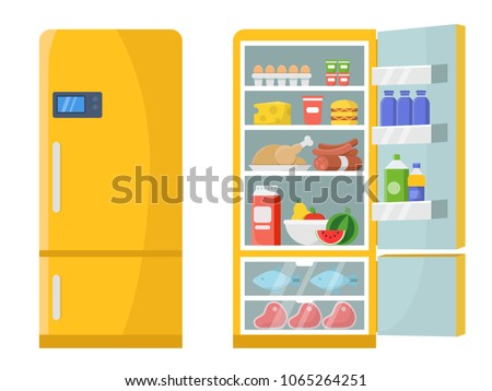 Vector illustrations of empty and closed refrigerator with different healthy food. Refrigerator kitchen, freeze meat on shelf