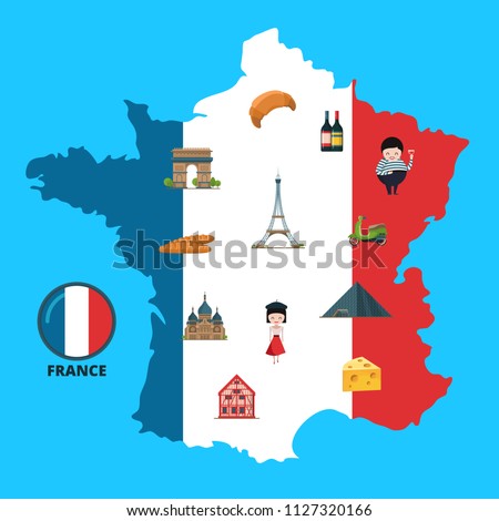 Vector cartoon France sights and objects on France contour map concept illustration