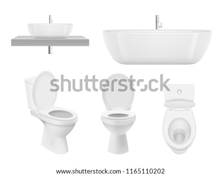 Realistic bathroom collection. Toilet, washing cabinet bowl bathroom sink clean white for fresh washroom basin. Vector pictures. Illustration of bathroom toilet, sink or basin, plumbing bath