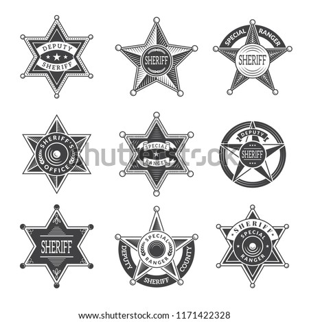 Sheriff stars badges. Western star texas and rangers shields or logos vintage vector pictures. Illustration of texas star, ranger sheriff badge