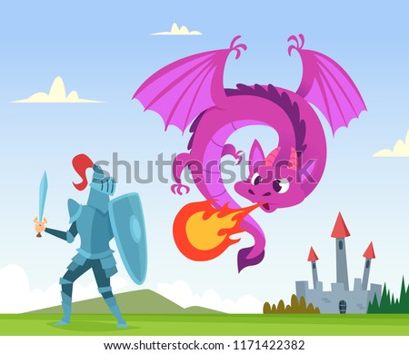 Dragon fighting. Wild fairytale fantasy creatures amphibian with wings castle attack with big flame vector background illustration. Knight and dragon, medieval monster and castle