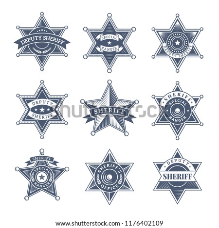 Security sheriff badges. Police shield and officers logo texas rangers vector symbols. Illustration of sheriff law, officer texas police, badge emblem