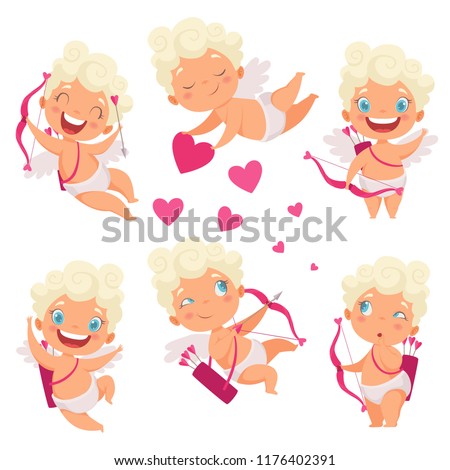 Amur baby angel. Cute funny cupid little god eros greece kids with bow heart hunters romantic vector pictures. Valentine angel with heart, cupid love amur illustration