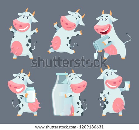 Cow cartoon. Cute farm milk animal character in various action poses vector funny mascot. Illustration of farm cow animal with milk bottle