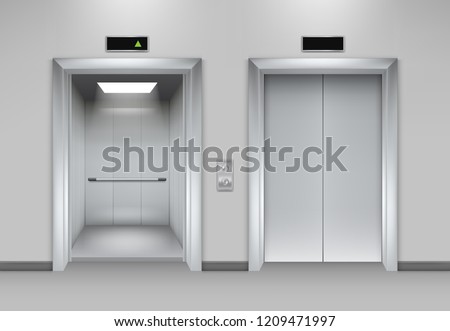Lift doors building. Business office facade interior realistic closing opening doors elevator chrome metal buttons vector pictures. Illustration of lift door, panel metal, transportation office indoor
