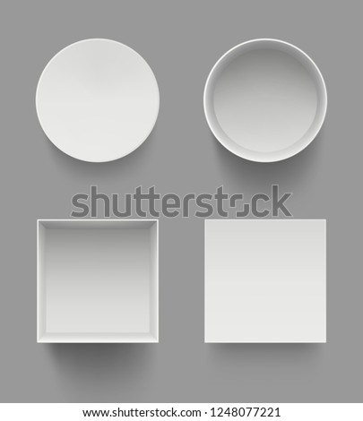 Boxes top view. Gifts present open white cases template vector mockup isolated