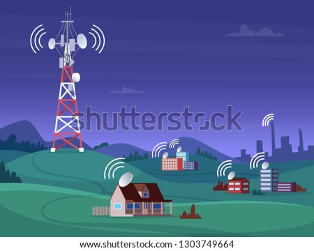 Landscape wireless tower. Satelite antena mobile coverage television radio cellular digital signal vector illustration