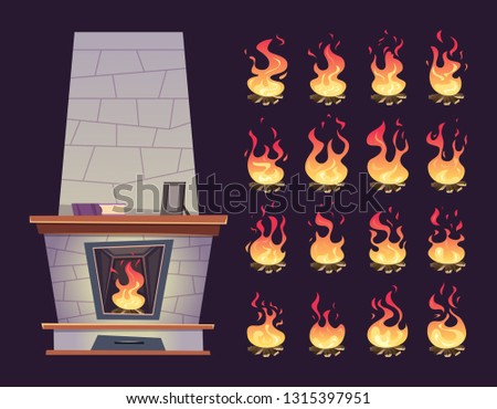 Interior fireplace. Keyframe animation of burning fire place for relax vector cartoons