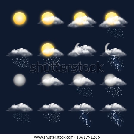 Weather realistic icon. Clouds sun rain wind snow vector weather symbols