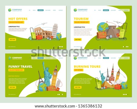 Travel landing pages. Historical landmarks points of interests for travellers website business template app layout vector. Illustration of banner travel agency, offer for vacation