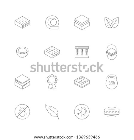 Mattress icons. Orthopedic memory foam healthcare bed air dusting latex night furniture vector icons