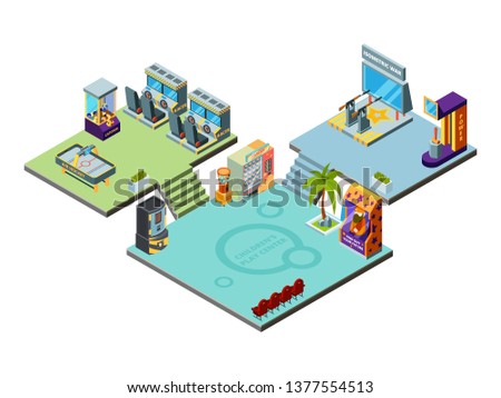 Game center. Amusement park for kids playing game machines arcade simulator racer boxing pinball vector isometric template