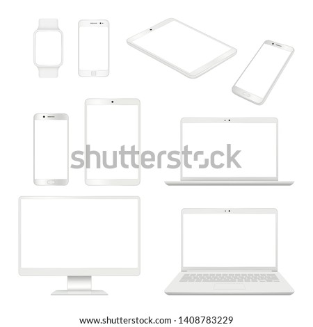 Realistic gadgets. Monitor smartphone laptop and tablet blank notebook vector mockup computer devices. Illustration of smartphone and tablet, computer and notebook, display of mobile