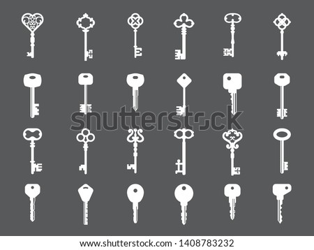 Key collection. Retro and modern house key silhouettes vector template for logo design. Set of keys white silhouette for safety house illustration