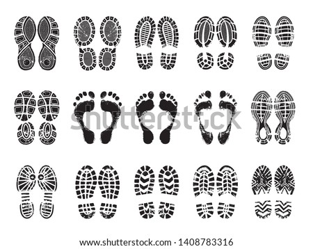 Footprint texture. Silhouettes of sneakers for human male and female shoes vector printing pictures. Illustration of imprint silhouette, boot and footprint human