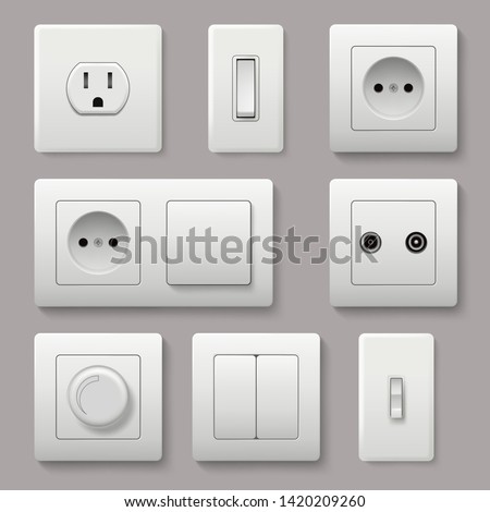 Wall switch. Power electrical socket electricity turn of and on plug vector realistic pictures. Electrical plug electric, power electricity sockets illustration
