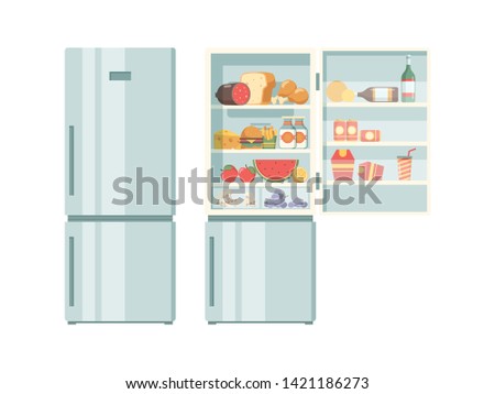 Open refrigerator. Healthy food in frozy refrigerator vegetables meat juce cakes steak supermarket products vector pictures. Illustration of refrigerator with bottle beverage and food