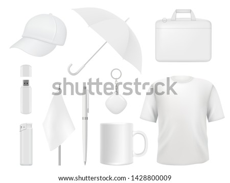 Corporate identity. Business souvenir items clothes packaging stickers pen badge lighter vector empty mockup template. Illustration of t-shirt and umbrella, flag and lighter, cap and cup