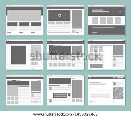 Web pages layout. Internet browser windows with website elements interface ui template vector design. Illustration of window browser, website menu or homepage architecture