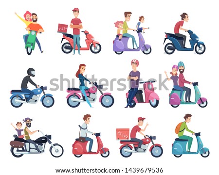 Motorcycle riders. Male and female drivers in helmet on bike fast courier characters vector pictures collection. Motorcycle driver courier, bike scooter delivery, moped deliver illustration