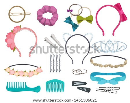 Hair accessories. Woman hair items stylist salon flowers elastic bands bows hoops vector cartoon illustrations. Illustration of hair accessories, accessory for care and clip hairnine,