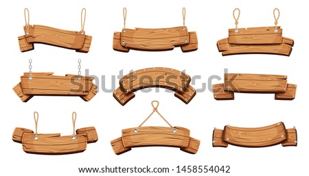 Wooden banners. Blank signboards with chains ropes and bolts vector tablet banners. Wood blank banner hanging, empty signboard illustration