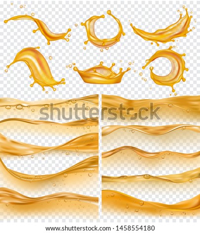 Oil waves. Realistic golden liquid surface of oil petrol flow drops and splashes fuel vector collection. Olive oil and fuel golden color flow illustration