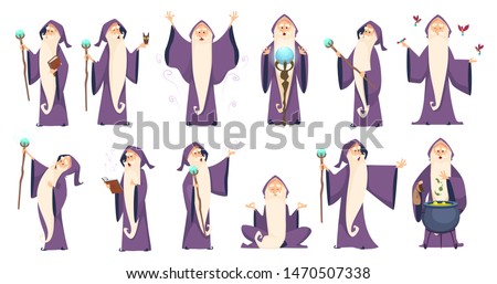Wizard. Mysterious male magician in robe spelling oldster merlin vector cartoon characters. Sorcerer character in costume, spell magician, witchcraft and magical illustration 商業照片 © 