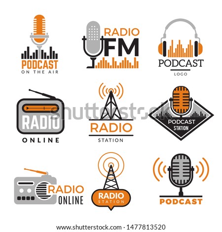 Radio logo. Podcast towers wireless badges radio station symbols vector collection