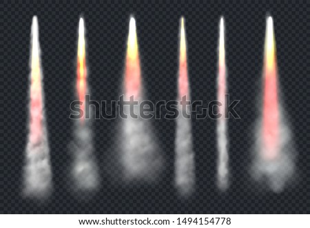 Launch rocket smoke. Aircraft flying effect fog and fire speed flowing sky steam vector realistic templates