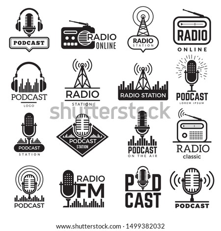 Radio station logo. Music studio podcast speaker vector badges collection