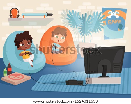 Video game room. Kids at sofa playing at console game with two gamepad controllers and tv interior of childrens home vector background