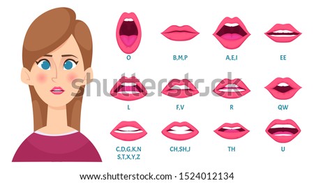 Mouth animation. Female lips keyframes lady speaks sound of english letters syncing articulation body teeth and tongue vector picture