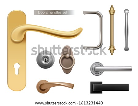 Modern door handles. Silver and golden metal furniture handles for opened room doors interior elements vector realistic