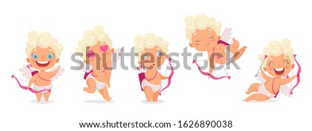 Amur babies. Funny cupid, little angels or god eros. Cute Greece kids with bow, heart hunters romantic vector characters