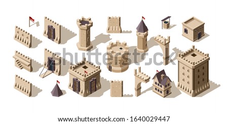 Castles isometric. Medieval buildings brick wall for low poly game asset old fort vector set